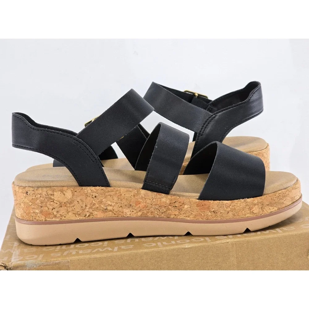Dr. Scholl's Once Twice Sandals Womens 8 Black Strappy Cork Wedge -Excellent